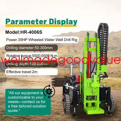 35hp Wheeled Diesel Engine Water Well Drilling Rig Machine 200m 50-400mm By Sea