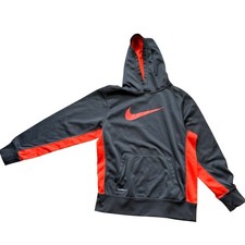 Nike Therma-Fit Boys Hoodie Sweatshirt Sz L Black Fleece Lined Swoosh Pullover