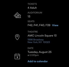 AMC IMAX ODYSSEY NYC 13 4 Adult Movie Tickets New York, NY Tue Aug 25 2:00 PM