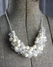 Cluster Necklace Creamy White Pearl and Clear Crystal Faceted Beads