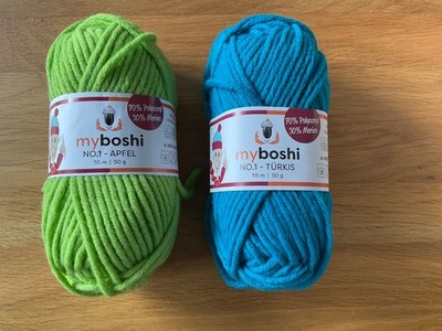 2x Myboshi No.1 Wolle Türkis und Apfel je 50g für Mütze Häkeln