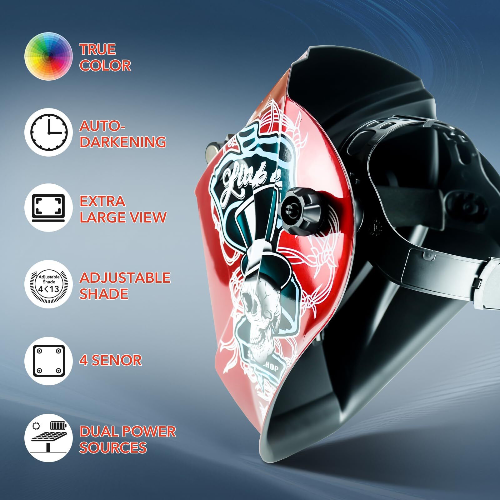 True Color Auto Darkening Welding Helmet with 4 Arc Sensors & Large View Screen