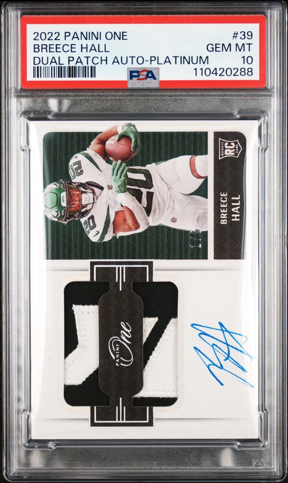 Breece Hall Panini One #39 Autograph Dual Patch Platinum