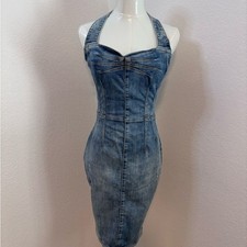 Vintage Y2K Guess Halter Sweetheart Distressed Denim Dress Size S