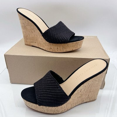 Veronica Beard Dali Woven Cork Platform Wedge Mules Black Women s US 10 - $325