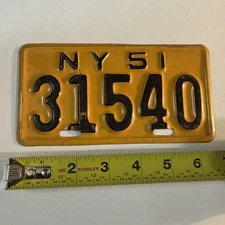 1951 New York Motorcycle License Plate Yellow Black MC 31540 Tag 51