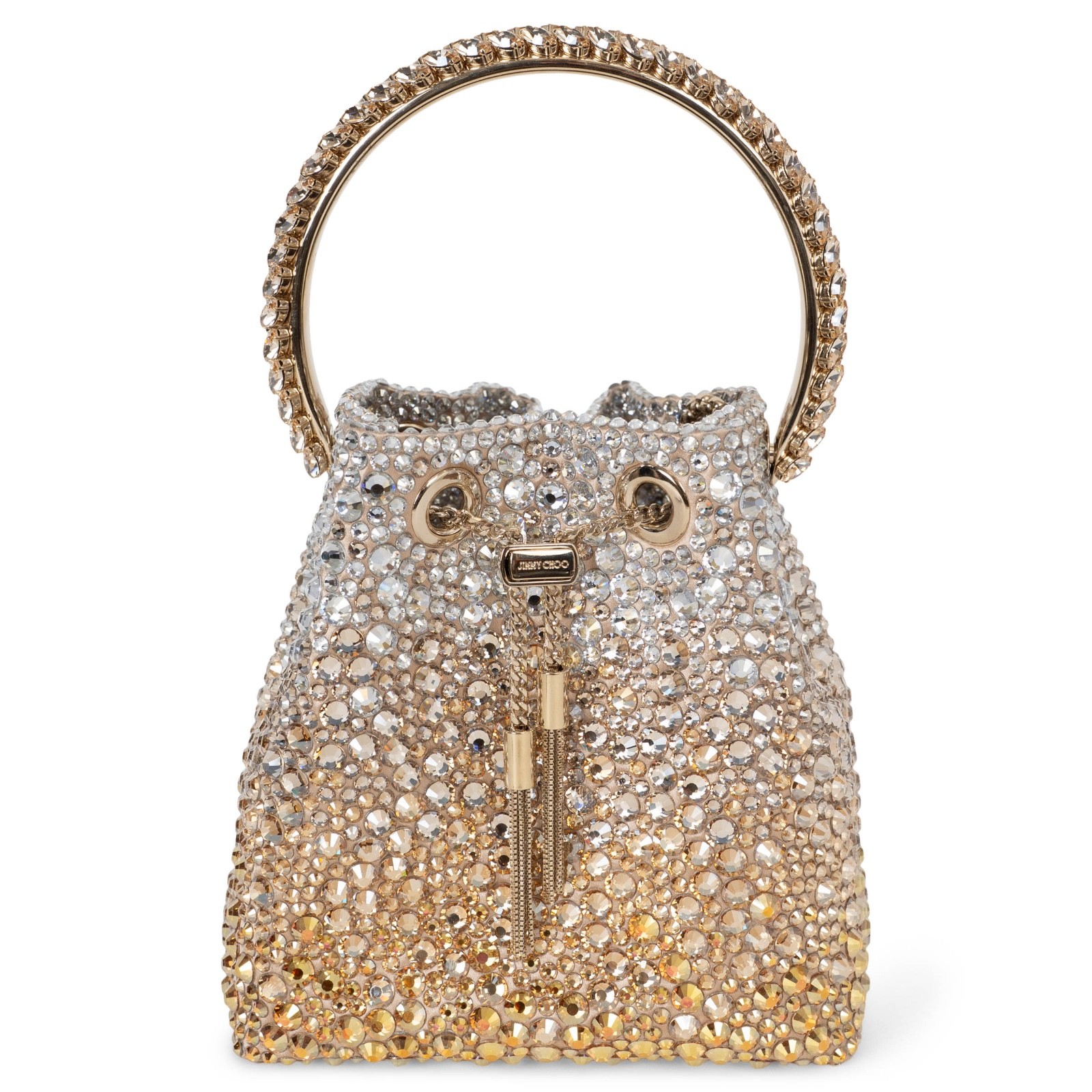 72730 auth JIMMY CHOO gold & silver 2025 BON BON CRYSTAL SATIN Bucket Bag