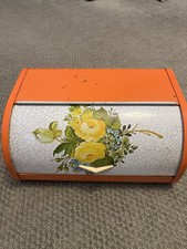 Vintage Roll Top Bread Box Rare Orange And Yellow Floral Farmhouse Shabby Chic
