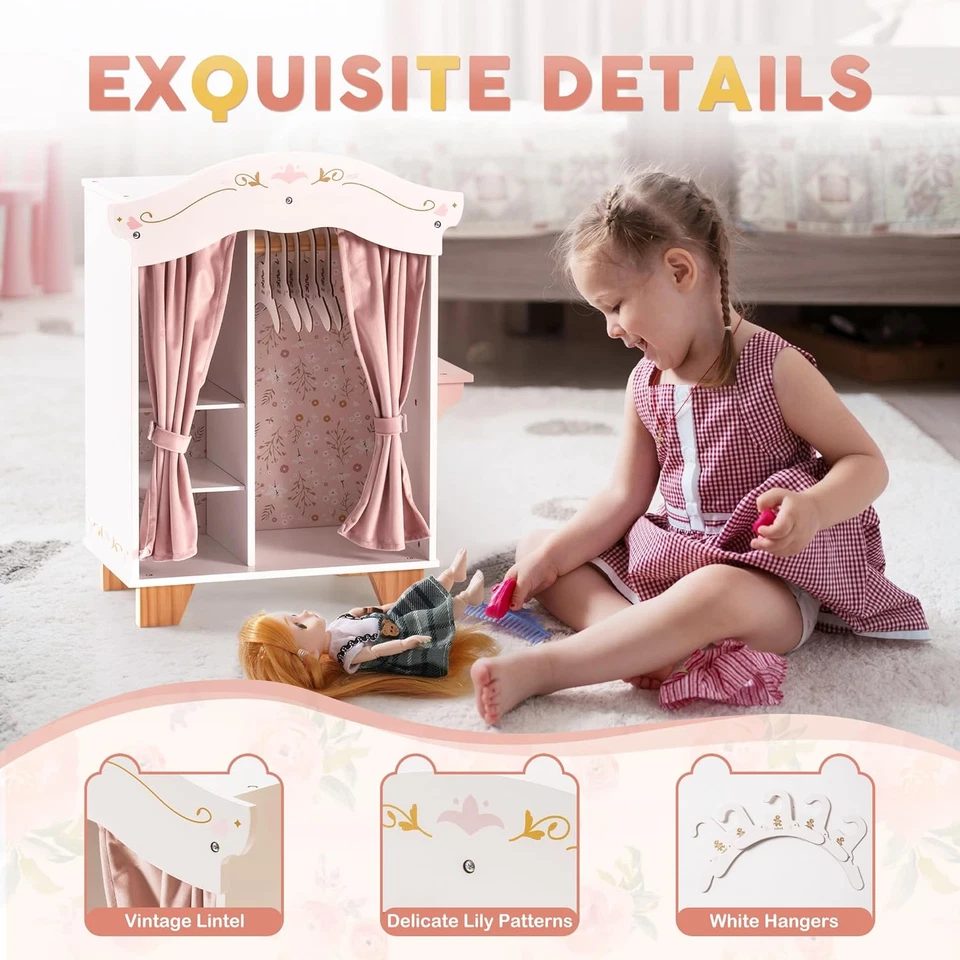 Armario de Juego de Madera Armario para Muñecas, Armario para Muñecas Muebles Armario con 5 Colgantes Foto 4 de 4