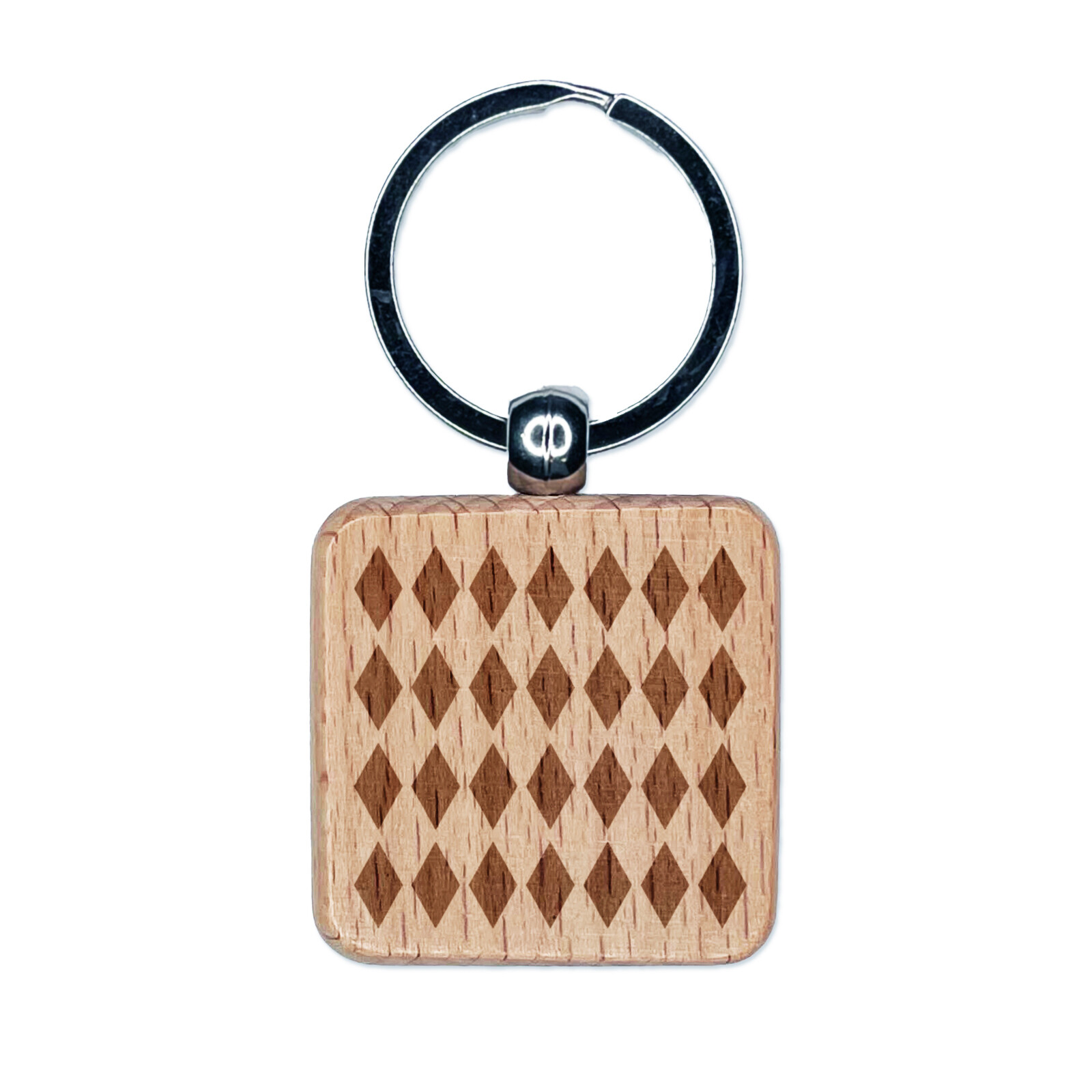 Diamond Harlequin Pattern Engraved Wood Square Keychain Tag Charm