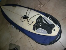 Vintage BILL JOHNSON Shapes Surfboard (~73")  w/ VECTOR fins + Ocean/Earth Bag