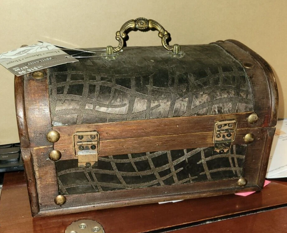 Ashland Collection Brown Wood & Brown Rustic Faux Leather Trunk w/ Brass Accents - Image 2 of 4