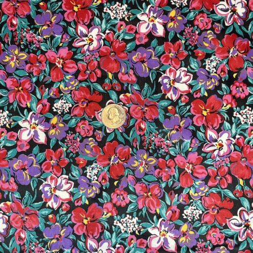 Vtg 90s Floral Fabric Red Purple Pink Yellow Black Polished Cotton 3 Yd x 59"