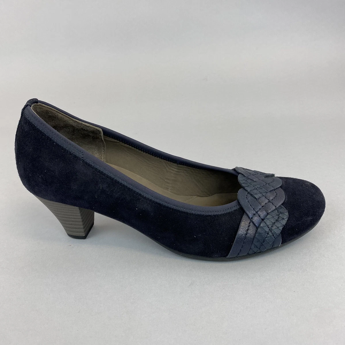 Gabor Navy Leather Nubuck Pumps Court Mid Heels Slip On Work