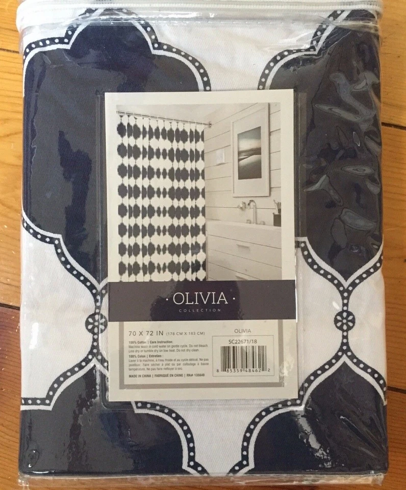 Cortina de ducha 100 % algodón náutica azul marino y blanco medallón tela OLIVIA  Foto 2 de 4