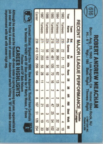 1988 Donruss #616 Bobby Meacham New York Yankees - Picture 2 of 2