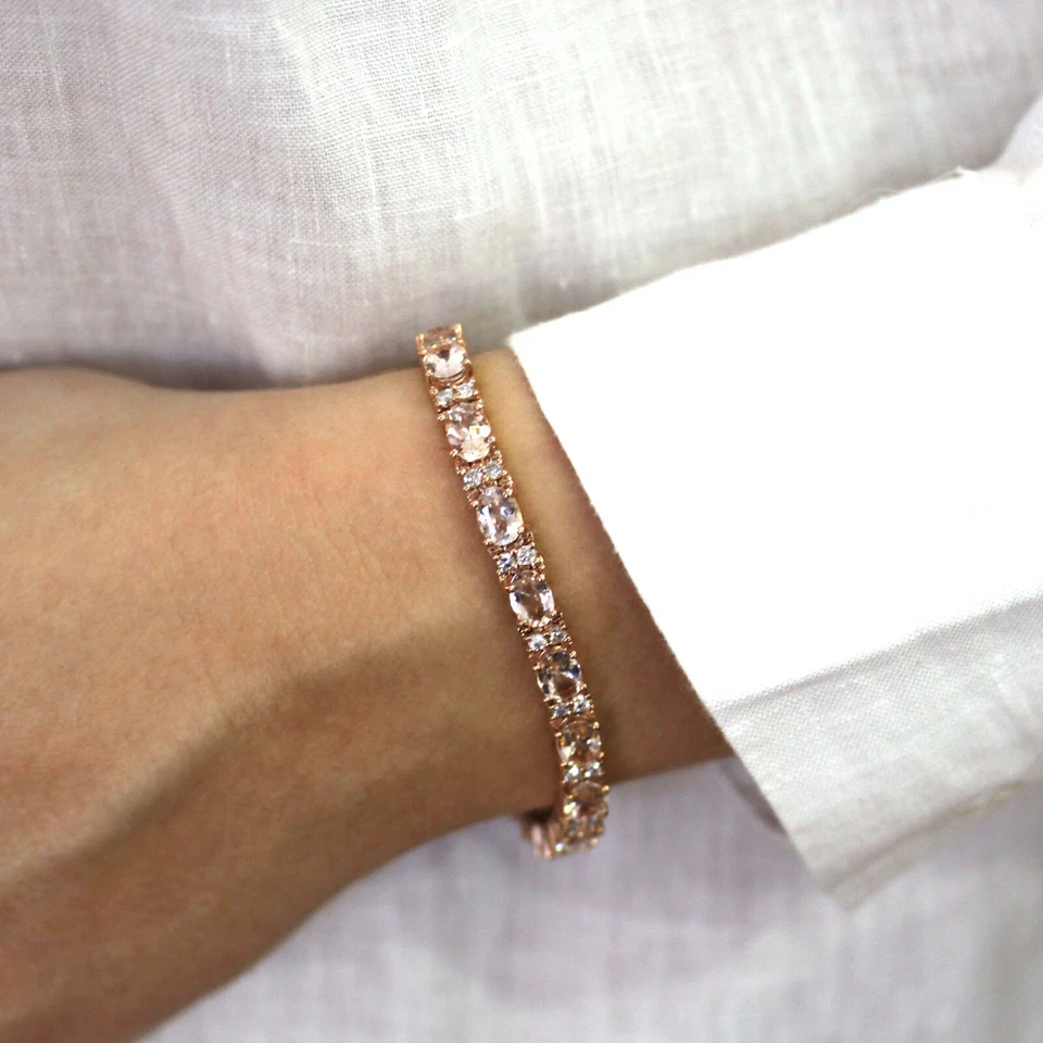 Brazalete de tenis de oro rosa sólido de 14 k con diamantes morganita melocotón natural de 14,6 quilates 7" Foto 2 de 4