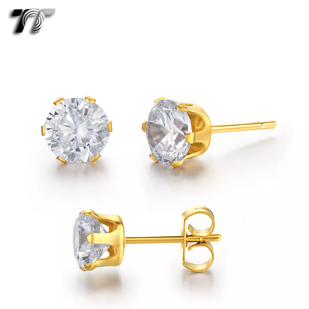 TTstyle 18K Gold GP Stainless Steel Round Stud Earrings 3 8mm NEW