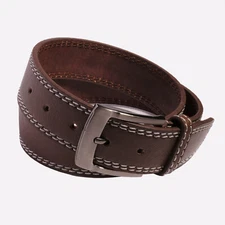 Classic Men's 38mm Leather Belt with Double White Stitching - Brown [Size 32-44]