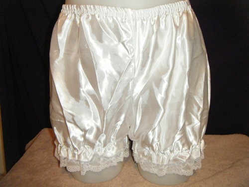 SILKY NYLON MINI BLOOMER PANTIES, WHITE, SHIMMERY, LACY LEGS, S/M 72704 - Picture 2 of 6
