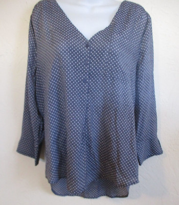Como Blu Pull Over 3/4 Sleeve Top Size XL Polka Dot on Gray Hi Low Hem