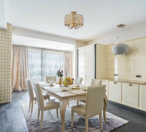 Chandelier Flush Mount Light Fixture Round Shade with Crystals Brass Dining Room - Picture 4 of 9