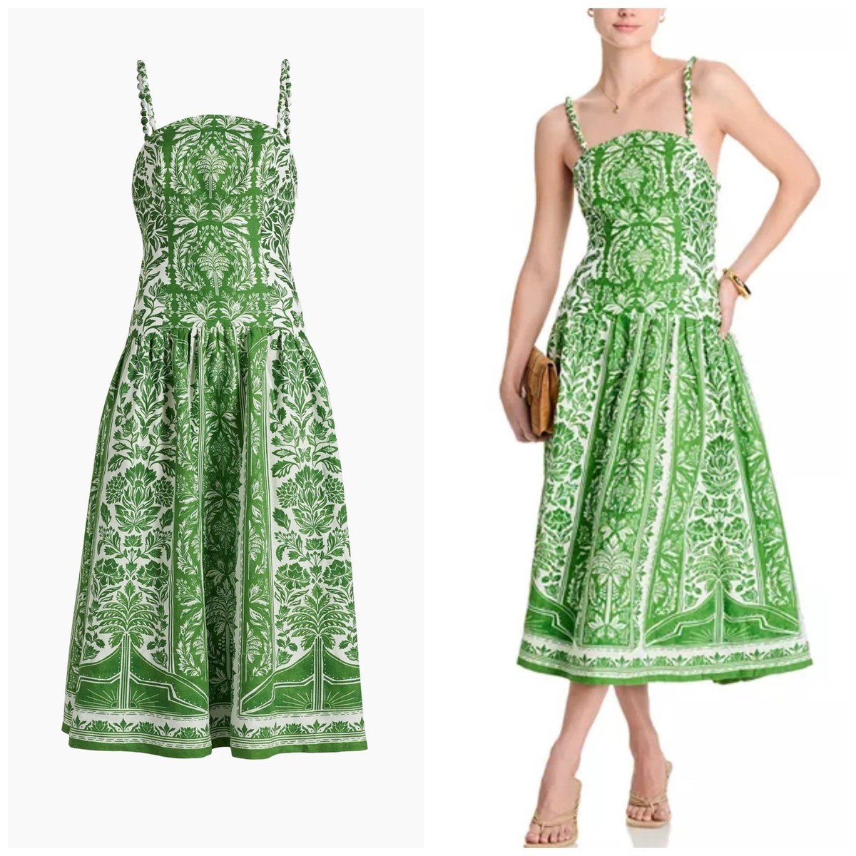 FARM RIO Green Delicate Tapestry Euroflax Linen Midi Dress Size Large NWT