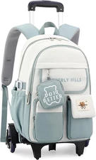 Color-Blocking Rolling Backpack for Girls School Bag Trolley Bookbag Large
