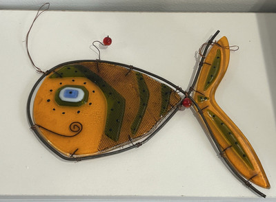 Fused Glass Orange Fish Wire Sculpture Figurine Hanging Eclectic Artsy Decor