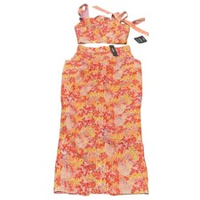 NWT Lulus XS Ellarina Pink Floral Metallic Tie-Strap Two-Piece Dress Midi Maxi