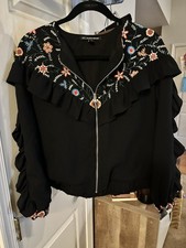 Zara TRF Women's Black Floral Embroidered Ruffle Zip Jacket Size S