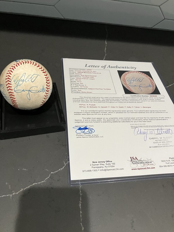 JSA LOA Kirby Puckett Mark McGwire Viola Gaetti Signed Baseball JSA LOA