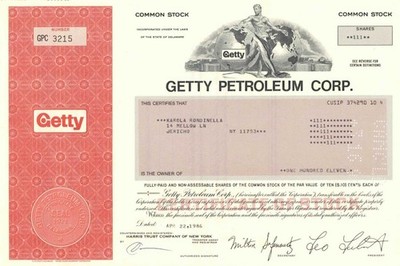 Getty Petroleum Corp. - Similar to Getty Oil Corp. - Very Rare Type Stock Cert