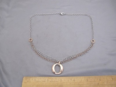 Vintage ITALIAN Sterling & Gilt Multi Strand CHAIN NECKLACE-Gilt O Pendant-20 In