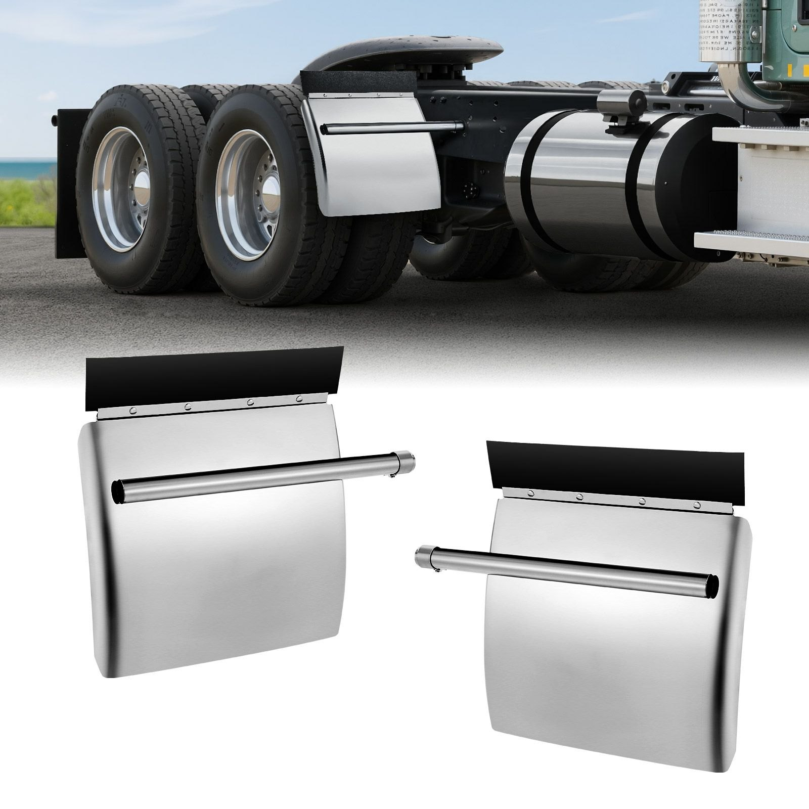 Stainless Steel 24x24 Semi Truck Quarter Fenders with Tube Bracket  -image