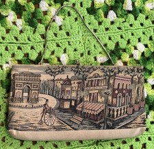 Vtg Tapestry NeedlePoint Kiss-lock Clutch Handbag Cityscape Purse Boho Classic