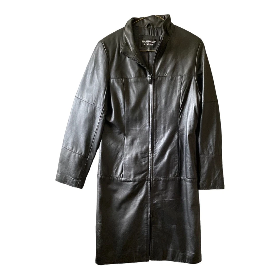 Abrigo para mujer Rampage de cuero genuino negro hasta la rodilla talla mediana Foto 2 de 4