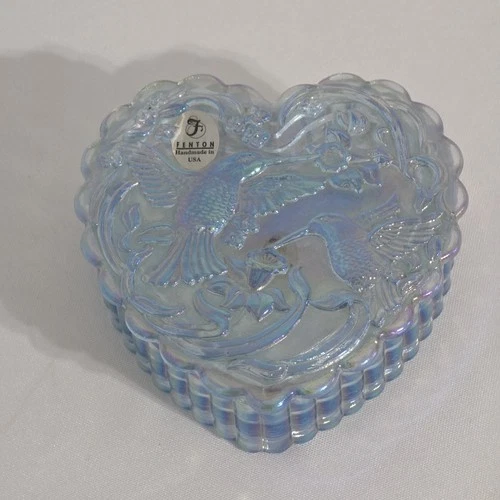 FENTON Blue Iridescent Carnival Glass Hummingbird Heart-Shaped Trinket Box