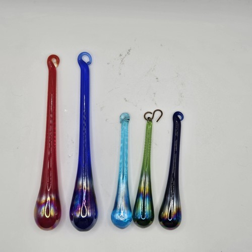 Sun Catcher Prism Unmarked Blenko Set Of 5 Red Green Blue 2 5", 3 3" Blown Glass