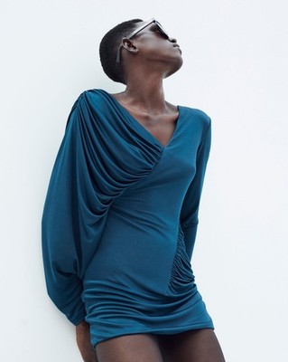 NWT Saint Laurent Runway Canard Blue Draped Jersey V-Neck Mini Dress 36 4  $4890 | eBay