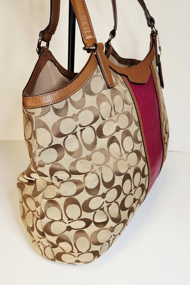NEW Coach Signature Stripe City Tote Large Khaki & Fuschia Shoulder Bag F31444 - Image 4 of 4
