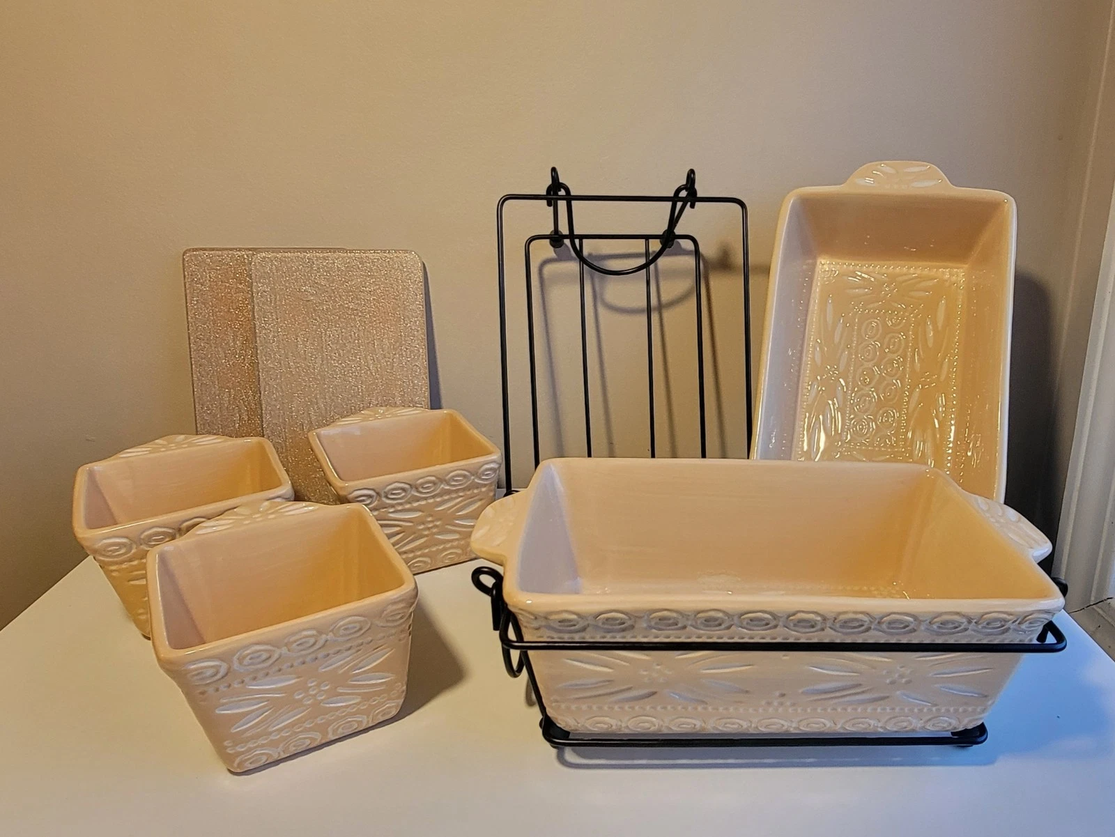 Temp-Tations by Tara Old World Cream Beige Ceramic Loaf Pans Dip Ramekins Trivot