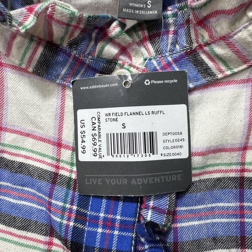 Eddie Bauer Shirt Womens Small Plaid Blue White WR Field Flannel Ruffle Cotton - Picture 10 of 14