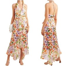 Alice + Olivia Evelia Ruffled Floral Asymmetrical Halter Maxi Dress Size 4 NWT