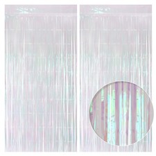 2 Pack White Iridescent Streamers Backdrop 3.3x6.6ft Foil Fringe Curtains Sil