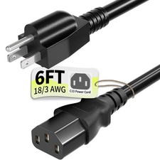 Vockjour 3 Prong AC Power Cord Cable 6ft 10 Amps 125 Volts 18AWG, 6FT, Black