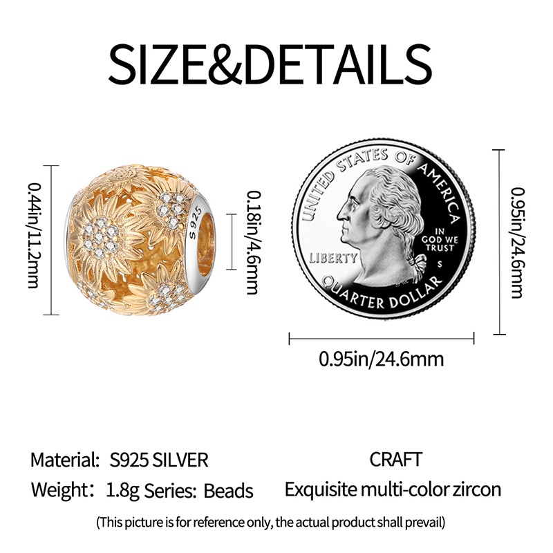 KUNSIR 925 Sterling Silver Gold Sunflower Charm For Bracelet Bead Charm DIY Gift