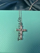 Tlffany&Co*21ct/Diamond/Platinum Cross Pendant 17" Necklace in Box