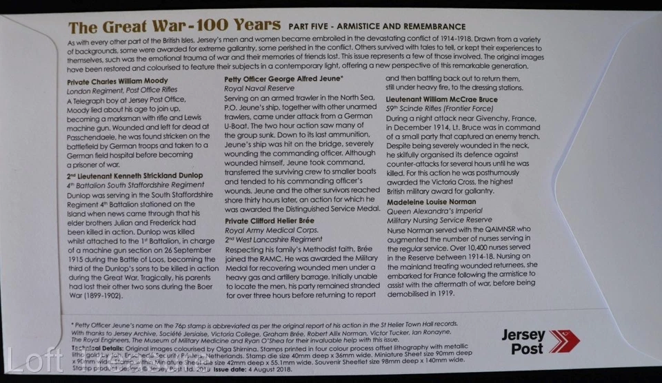 Jersey Stamps "The Great War - 100 Years Pt 5 " 6v Souvenir First Day Cover 2018 - Image 3 of 3
