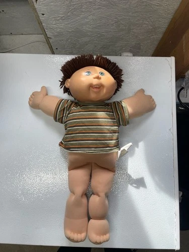 Vintage 1982 Cabbage Patch Kids Boy Doll with Brown Yarn Hair and Striped Shirt